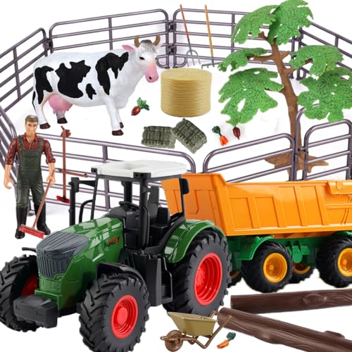 Hyrenee Traktor Spielset Bauernhof Spielzeug Set Traktor mit kippbaren Anhängern LKW Fahrzeuge Bauer Kuh für Kinder 3 4 5 6 Jahre aufwärts von Hyrenee