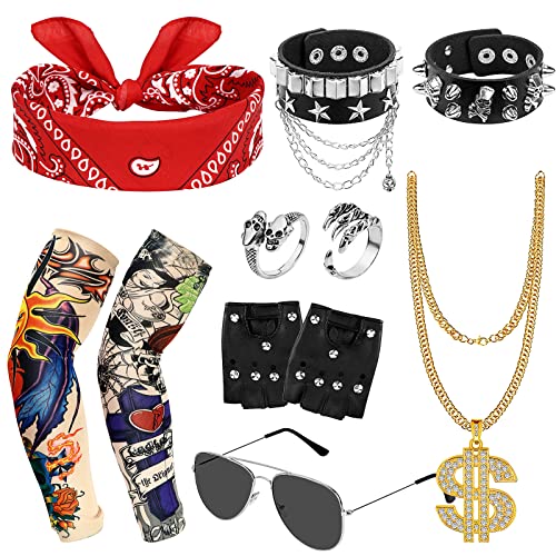 Hysagtek Punker Kostüm Zubehör, 11 Stück Punk Gothic Rocker Kit, Rocker Outfit Herren mit Punk Bandanas Handschuhe Punk Kette und Arm Fake Tattoo ärmel Cover, Karneval Party Schwermetall Disco Hysagtek Punker Kostüm Zubehör, 11 Stück Punk Gothic Rocker Kit, Rocker Outfit Herren mit Punk Bandanas Handschuhe Punk Kette und Arm Fake Tattoo ärmel Cover, Karneval Party Schwermetall Disco von Hysagtek