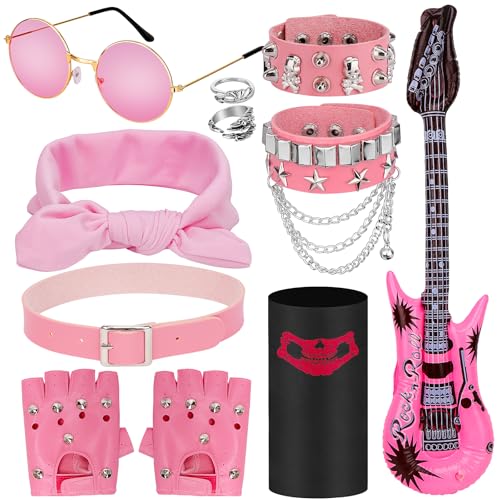 Hysagtek 11 Stück Rocker Outfit Damen, Rocker Kostüm 70er 80er 90er Jahre, Punk Gothic Accessoires mit Ringe, Schädelmasken, Kopftücher, Lederarmband, Handschuhe Nieten, Sonnenbrille (Rosa) Hysagtek 11 Stück Rocker Outfit Damen, Rocker Kostüm 70er 80er 90er Jahre, Punk Gothic Accessoires mit Ringe, Schädelmasken, Kopftücher, Lederarmband, Handschuhe Nieten, Sonnenbrille (Rosa) von Hysagtek