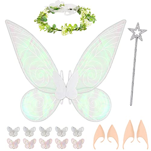 Hysagtek 17 Stück Fee Flügel Cosplay Kostüm Zubehör für Mädchen Frauen, glitzernde Schmetterlingsflügel mit Elfenohren/Blumenkrone/Stern Stab/Haarspangen für Halloween Hysagtek 17 Stück Fee Flügel Cosplay Kostüm Zubehör für Mädchen Frauen, glitzernde Schmetterlingsflügel mit Elfenohren/Blumenkrone/Stern Stab/Haarspangen für Halloween von Hysagtek
