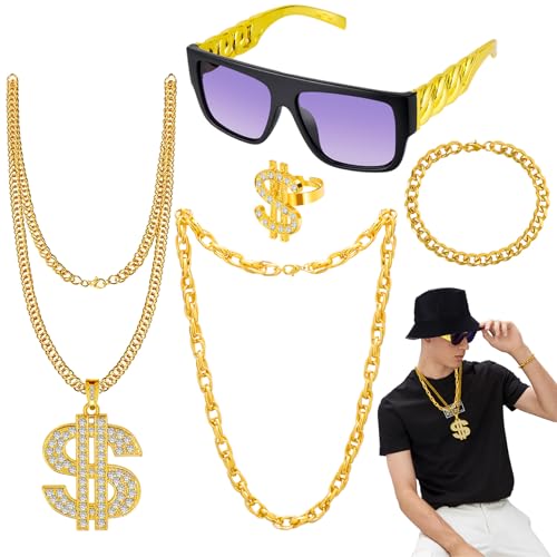 Hysagtek 5 Stück Zuhälter Kostüm Herren, Zuhälter Schmuck 80er 90er Jahre Outfit mit Goldkette, Sonnenbrille, Dollar Kette, Ringe, Hip Hop Kostüm Herren für Gangster Gang Kostüm, Karneval, Mottoparty von Hysagtek