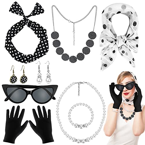 Hysagtek Rockabilly Accessoires Damen, 50er Jahre Accessoires Damen 9 Stück, Vintage Kostüm Zubehör mit Chiffon Schal, Handschuhe, Sonnenbrille, Ohrringe, für Karneval Party Retro Teily Party von Hysagtek