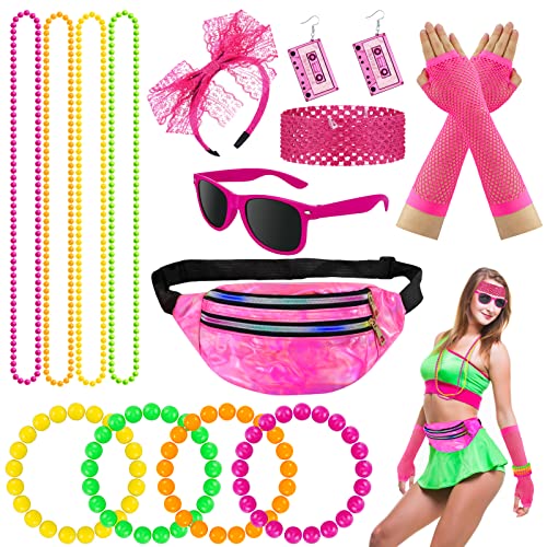 Hysagtek 80er Jahre Outfit Damen, Malle Outfit Accessoires Damen, 80er Jahre Accessoires Mit Gürteltasche, Netzhandschuhe, Stirnband, Halskette Armband, Brille, für Karneval Neon Party von Hysagtek