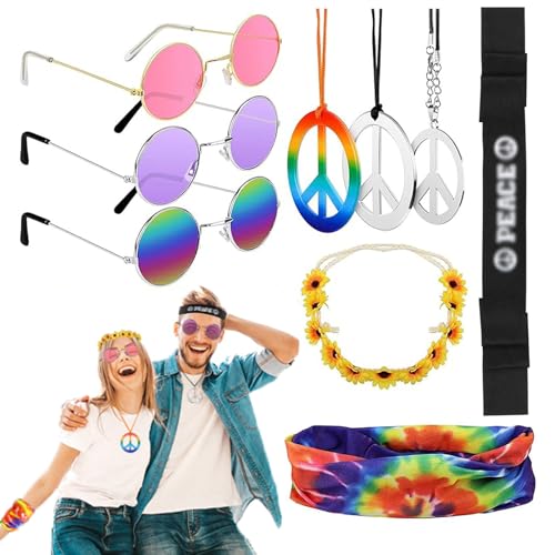 Hysagtek Hippie Accessoires Set, 9-teiliges Hippie Kostüm Herren Damen, Peace Kette, runder Sonnenbrille, Flower Power Accessoires buntes Stirnband für 70er 80 Jahre Retro Mottoparty Karneval Fasching Hysagtek Hippie Accessoires Set, 9-teiliges Hippie Kostüm Herren Damen, Peace Kette, runder Sonnenbrille, Flower Power Accessoires buntes Stirnband für 70er 80 Jahre Retro Mottoparty Karneval Fasching von Hysagtek
