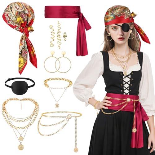 Hysagtek Piratin Kostüm Damen - 10 Stück Piratenkostüm Damen, Piraten Kopftuch, Taillenkette, Augenklappe, Ohrringe, Halskette, Piraten Kostüm Zubehör für Halloween Cosplay Party Karneval Hysagtek Piratin Kostüm Damen - 10 Stück Piratenkostüm Damen, Piraten Kopftuch, Taillenkette, Augenklappe, Ohrringe, Halskette, Piraten Kostüm Zubehör für Halloween Cosplay Party Karneval von Hysagtek