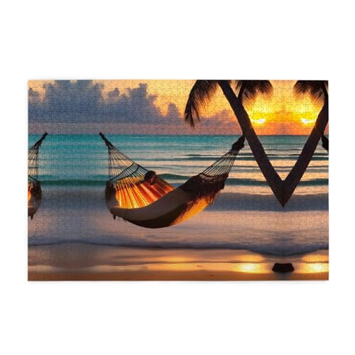 Puzzles1000 Teile Hytter Sonnenuntergang Strand Hängematte Muster Pädagogische Intellektuelle Holzpuzzles Lustige Puzzles Stressabbau-Spiel von Hytter