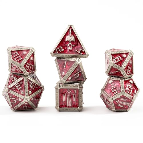 DND Metallwürfel-Set für Dungeons and Dragons, D&D, Totenkopf-Zauberer-Thema, D20, D12, D10, D100, D8, D6, D4, für Würfel, Kobold, einzigartiges Skelett-Zubehör, (Blutrot) von HzFitInc