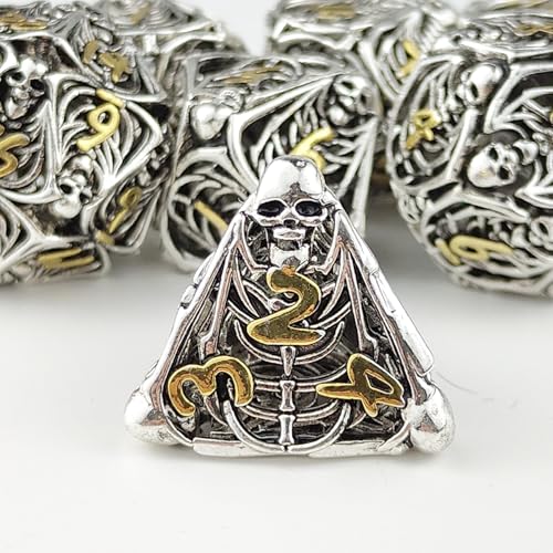 Dungeons and Dragons polyedrisches Würfel-Set mit Totenkopf-Motiv, aus Metall, für D&D, TRPG, MTG, Pathfinder, Tischbrett-Rollspiele, D4, D6, D8, D10, D%, D12, D20 (Silber) von HzFitInc