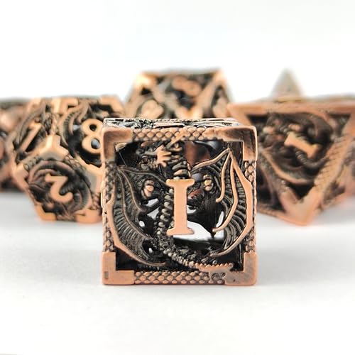 Hohler Drachen-Metallwürfel, einzigartiges Dungeons and Dragons, polyedrisches Würfel-Set für D&D, TRPG, MTG, Pathfinder, Tischbrett-Rollenspiele, D4, D6, D8, D10, D%, D12, D20 (Kupfer) von HzFitInc