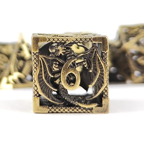 Hohler Drachen-Metallwürfel, einzigartiges Dungeons and Dragons, polyedrisches Würfel-Set für D&D, TRPG, MTG, Pathfinder, Tischbrett-Rollenspiele, D4, D6, D8, D10, D%, D12, D20 (Messing) von HzFitInc
