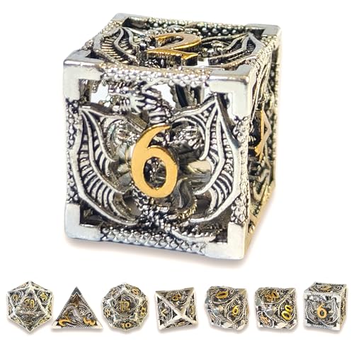 Hohler Drachen-Metallwürfel, einzigartiges Dungeons and Dragons, polyedrisches Würfel-Set für D&D, TRPG, MTG, Pathfinder, Tischbrett-Rollenspiele, D4, D6, D8, D10, D%, D12, D20 (Silber) von HzFitInc