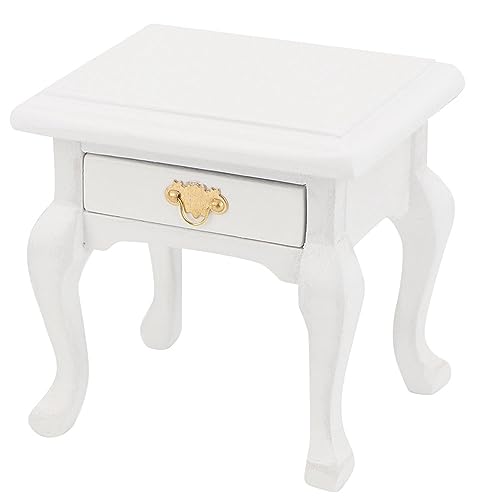 Hztyyier 1/12 Doll House Holzmöbel Miniatur White -Betttisch Nachttischmodell, Endtisch Im Vintage -Stil mit Kleinen Schubladen, Geeignet für Puppenhausspiele von Hztyyier