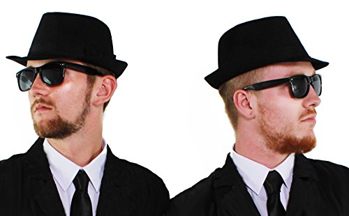 2 x Blues-Kit Kostüm-Zubehör-Set, hochwertig, 60 cm, schwarzer Fedora-Hut + schwarze Brille mit schwarzen Gläsern perfekt für 2 Brüder von I LOVE FANCY DRESS