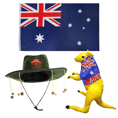 1,5 x 0,9 m australische Flagge, Koala-Korkhut und aufblasbares Känguru – australische Flagge, aufblasbares Känguru-Flaggen-Umhang auf und roter Koala-Print Korkhut – perfekt für australische Tage und 1,5 x 0,9 m australische Flagge, Koala-Korkhut und aufblasbares Känguru – australische Flagge, aufblasbares Känguru-Flaggen-Umhang auf und roter Koala-Print Korkhut – perfekt für australische Tage und von I LOVE FANCY DRESS