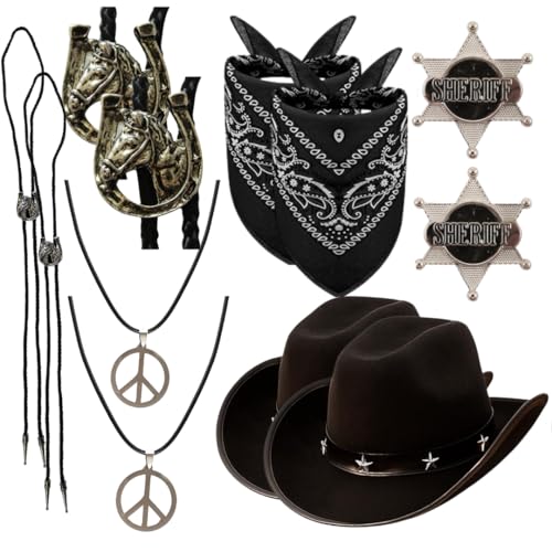 10-teiliges Western-Cowboy-Kostüm-Zubehör-Set, 2 x schwarzer Hut, 2 x Bandana, Bootlace-Krawatte, Sheriff-Abzeichen, Wilder Westen, Cowboy-Outfit-Set für Männer und Frauen, Rodeo-Disco-Party von I LOVE FANCY DRESS