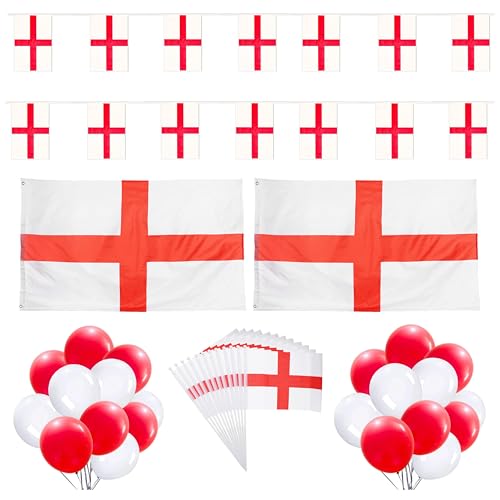 114-teiliges Party-Set für England-Fans, 2 x 152 x 91 cm große Flaggen, 2 x Flaggen-Wimpelkette, 10 x handschwenkende Flaggen, 50 x rote Luftballons und 50 x weiße Luftballons, perfekt für Sport- und von I LOVE FANCY DRESS