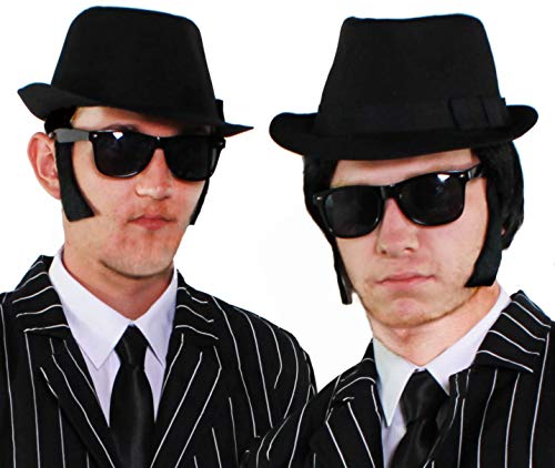 2 x 4-teiliges Brothers Blues Zubehör-Set: Fedora-Hüte, Gläser, Anstecksets, Krawatten - Größe: 2 x 60 cm Hüte von I LOVE FANCY DRESS