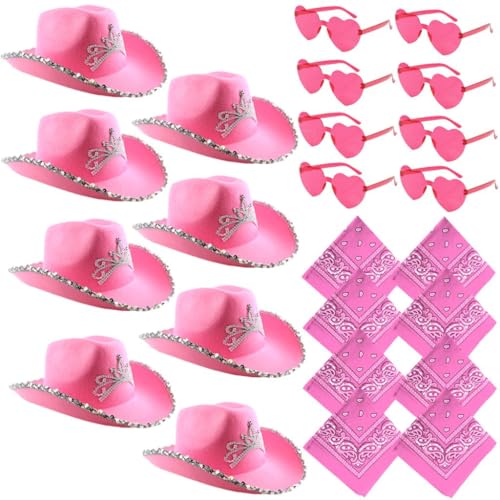 24-teiliges pinkes Cowgirl-Set – Tiara-Hüte, herzförmige Gläser & Bandanas – perfekt für Junggesellinnenabschiede, Festivals, Konzerte, Westernthemen & Fasching von I LOVE FANCY DRESS