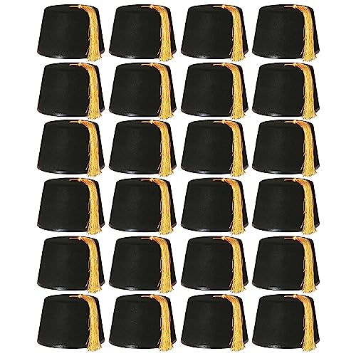 24 x Fez-Mützen, schwarz, Kostüm-Accessoire, Kappe, schwarz mit goldfarbenen Quasten, Unisex, Filz-Hut für Herren und Damen von I LOVE FANCY DRESS