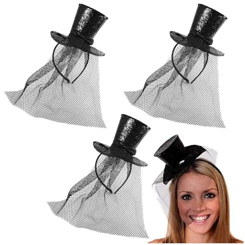 3 Stück Damen Pailletten Fascinator Hut, Schwarz, High Form Pailletten Hut auf Stirnband mit schwarzem Netz befestigt, Kostümzubehör für Erwachsene Halloween Weihnachten Party 3 Stück Damen Pailletten Fascinator Hut, Schwarz, High Form Pailletten Hut auf Stirnband mit schwarzem Netz befestigt, Kostümzubehör für Erwachsene Halloween Weihnachten Party von I LOVE FANCY DRESS