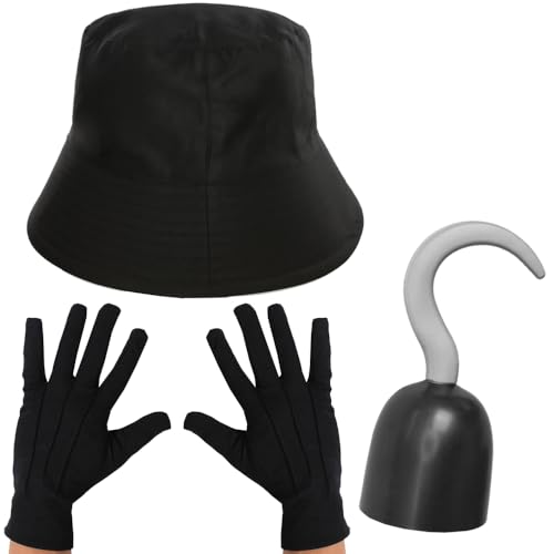 3-teiliges Haken-Bösewicht-Kostüm-Set für Erwachsene, schwarzer Eimerhut, schwarze Handschuhe und Piratenhaken, für Herren und Damen, gruseliger TV-Film, Halloween-Kostüm, Zubehör-Set von I LOVE FANCY DRESS