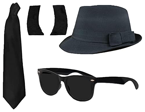 4 TEILIGES Brothers of Blues Set = VON ILOVEFANCYDRESS®, DUNKEL Grauer Filz Hut MIT DEM Durchmesser VON 60 cm, Schwarze Sonnenbrille UND Schwarze Fliege UND Schwarze Seiten KOTELETTEN von I LOVE FANCY DRESS