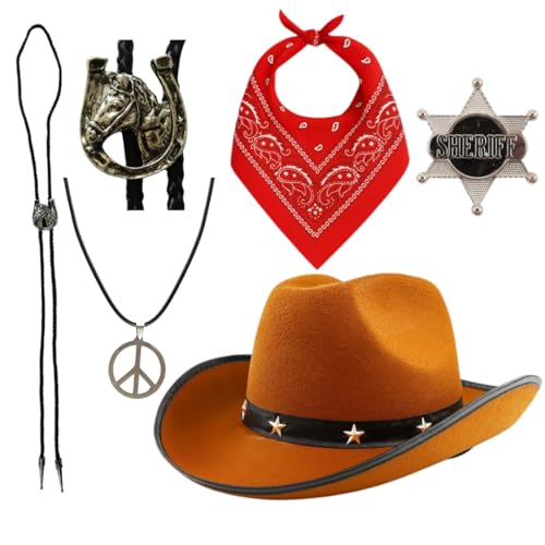 5-teiliges Western-Cowboy-Kostüm-Zubehör-Set, brauner Hut und rotes Paisleymuster, Bandana, Bootlace-Krawatte, Sheriff-Abzeichen, Wilder Westen, Cowboy-Outfit-Set für Männer und Frauen, Rodeo 5-teiliges Western-Cowboy-Kostüm-Zubehör-Set, brauner Hut und rotes Paisleymuster, Bandana, Bootlace-Krawatte, Sheriff-Abzeichen, Wilder Westen, Cowboy-Outfit-Set für Männer und Frauen, Rodeo von I LOVE FANCY DRESS