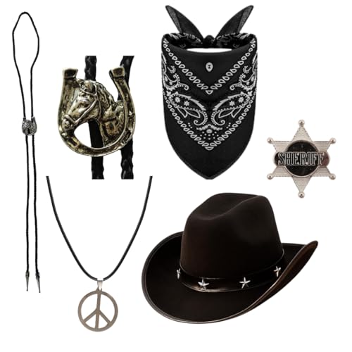 5-teiliges Western-Cowboy-Kostüm-Zubehör-Set, schwarzer Hut, Bandana, Bootlace, Sheriff-Abzeichen, Wilder Westen, Cowboy-Outfit-Set für Männer und Frauen, Rodeo-Disco-Party 5-teiliges Western-Cowboy-Kostüm-Zubehör-Set, schwarzer Hut, Bandana, Bootlace, Sheriff-Abzeichen, Wilder Westen, Cowboy-Outfit-Set für Männer und Frauen, Rodeo-Disco-Party von I LOVE FANCY DRESS