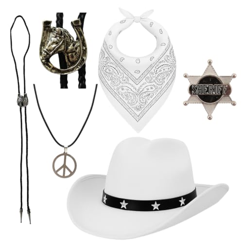 5-teiliges Western-Cowboy-Kostüm-Zubehör-Set, weißer Hut und Halstuch, Sheriff-Abzeichen, Wilder Westen, Cowboy-Outfit-Set für Damen und Herren, Rodeo-Disco-Party von I LOVE FANCY DRESS