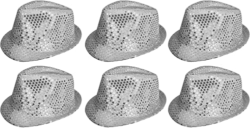 6 x Pailletten-Hut in Rot, Schwarz, Silber, Gold, Lila, Grün oder Pink Kostüm-Accessoire, Fedora-Hüte, Bulk Gangster 1920er Jahre Herren & Damen (Silber) von I LOVE FANCY DRESS