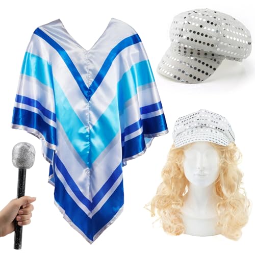 70er Jahre Pop Star Kostüm Set - Enthält Blauer Poncho, Blonde Perücke, Mikrofon & Paillettenhut - Disco Verkleidung Outfit für Partys, Junggesellenabschied & Eurovision 70er Jahre Pop Star Kostüm Set - Enthält Blauer Poncho, Blonde Perücke, Mikrofon & Paillettenhut - Disco Verkleidung Outfit für Partys, Junggesellenabschied & Eurovision von I LOVE FANCY DRESS