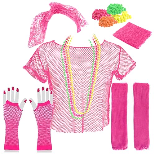 80er-Jahre-Kostüm-Set für Erwachsene, Größe XS, rosa Netz-Oberteil, rosa Netzhandschuh, rosa Beinstulpen, rosa Spitzen-Haar-Accessoire, neonfarbene Perlenketten – Damen-Kostüm-Set der 1980er Jahre von I LOVE FANCY DRESS