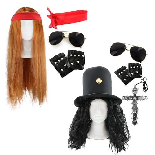 80er Rockstar Duo Kostüm Set - 80er Jahre Verkleidung Set mit Perücke, Hut mit Haaren, rotem Bandana, Brille, Handschuhe & Kreuz Halskette - Gitarre Legende Outfit 80er Rockstar Duo Kostüm Set - 80er Jahre Verkleidung Set mit Perücke, Hut mit Haaren, rotem Bandana, Brille, Handschuhe & Kreuz Halskette - Gitarre Legende Outfit von I LOVE FANCY DRESS