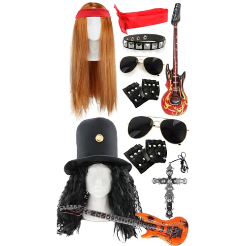 80er Rockstar Duo Kostüm Set - Perücke, Hut mit Haaren, rotes Bandana, Flieger-Sonnenbrille, Kreuzkette, aufblasbare Gitarre, Biker-Handschuhe & Armband - Gitarren-Legende Verkleidung 80er Rockstar Duo Kostüm Set - Perücke, Hut mit Haaren, rotes Bandana, Flieger-Sonnenbrille, Kreuzkette, aufblasbare Gitarre, Biker-Handschuhe & Armband - Gitarren-Legende Verkleidung von I LOVE FANCY DRESS