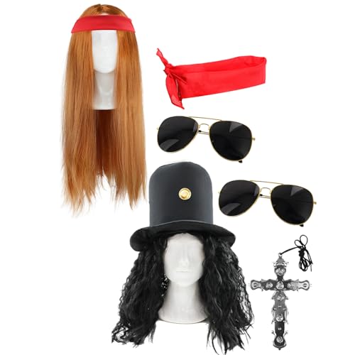 80er Rockstar Duo Kostüm Set - Perücke, Hut mit Haaren, rotes Bandana, Fliegerbrille, Kreuz Halskette & Zubehör - Gitarre Legende Verkleidung Outfit 80er Rockstar Duo Kostüm Set - Perücke, Hut mit Haaren, rotes Bandana, Fliegerbrille, Kreuz Halskette & Zubehör - Gitarre Legende Verkleidung Outfit von I LOVE FANCY DRESS