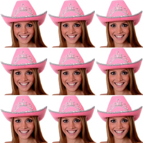 9 x rosafarbene Kuh-Mädchen-Hut mit Tiara, Kostüm, Junggesellinnenabschied, rosa Cowboyhut 9 x rosafarbene Kuh-Mädchen-Hut mit Tiara, Kostüm, Junggesellinnenabschied, rosa Cowboyhut von I LOVE FANCY DRESS