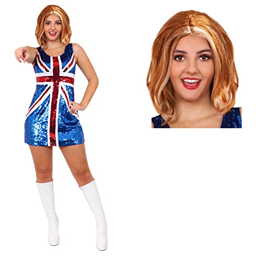 90er-Jahre-Pop-Ikonen-Kostüm, Union Jack-Kleid, 90er-Jahre-Kostüm, Mädchen-Gruppen-Kostüm, Pailletten-Kleid, Ingwer-Perücke, Musik-Ikonen und Brit-Pop-Kostüm, Größe S, Ve-Day-Commonwealth von I LOVE FANCY DRESS