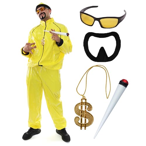 90er Jahre Rapper Kostüm - Klein - Erwachsene Gelb & Schwarz Muschelanzug + passender Hut + Sonnenbrille + Dollar Kette + Jumbo Spliff + Schwarzer Ziegenbart - Lustiges Rapper Halloween von I LOVE FANCY DRESS