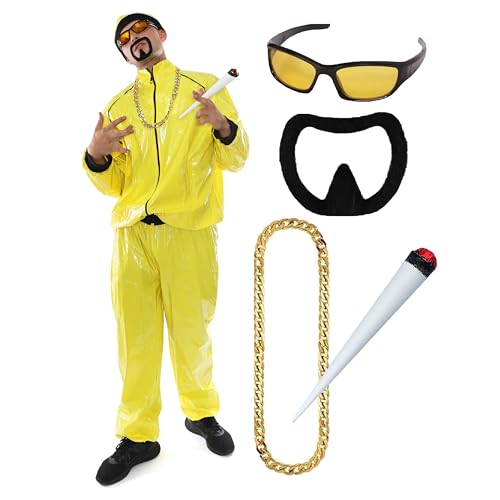 90er Jahre Rapper Kostüm - X-Large - Erwachsene Gelb & Schwarz Muschelanzug + passender Hut + Sonnenbrille + Goldkette + Jumbo Spliff + Schwarzer Ziegenbart - Lustiges Rapper Halloween 90er Jahre Rapper Kostüm - X-Large - Erwachsene Gelb & Schwarz Muschelanzug + passender Hut + Sonnenbrille + Goldkette + Jumbo Spliff + Schwarzer Ziegenbart - Lustiges Rapper Halloween von I LOVE FANCY DRESS