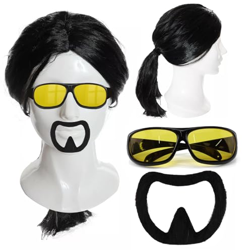 Action-Helden-Zubehör-Set für Erwachsene, lange schwarze Perücke, gelbe Sonnenbrille und schwarzer Ziegenbart – Herren-Kampfkünstler, 90er-Jahre-Kostüm-Zubehör-Set von I LOVE FANCY DRESS
