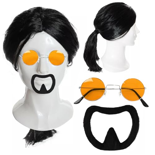 Action-Helden-Zubehör-Set für Erwachsene, lange schwarze Perücke, runde orangefarbene Brille und schwarzer Ziegenbart – Herren-Kampfkünstler, 90er-Jahre-Kostüm-Zubehör-Set von I LOVE FANCY DRESS