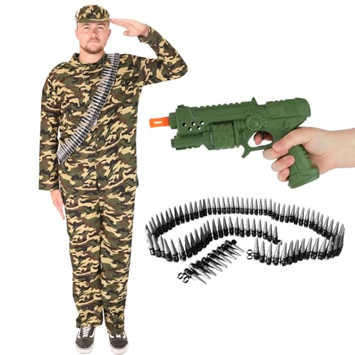 Armee-Kostüm für Herren, mit Spielzeugpistole und Bullet-Gürtel, Actionmann-Soldatenkostüm für Herren, Camouflage-Anzug in Grün, Khaki, Braun und Beige, Armee-Jacke + passende Armee-Hose + passende Armee-Kostüm für Herren, mit Spielzeugpistole und Bullet-Gürtel, Actionmann-Soldatenkostüm für Herren, Camouflage-Anzug in Grün, Khaki, Braun und Beige, Armee-Jacke + passende Armee-Hose + passende von I LOVE FANCY DRESS