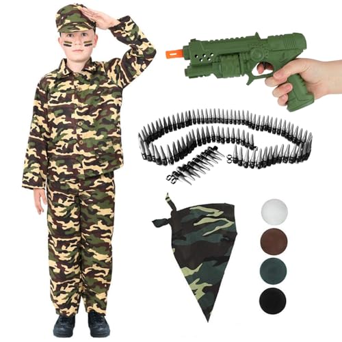 Army Boy Camo Outfit mit Spielzeugpistole, Bullet Gürtel, Bandana & Gesichtsbemalung - Kinder Soldat Kostüm für Buchwoche, Partys & Armee-Rollenspiele - Medium Army Boy Camo Outfit mit Spielzeugpistole, Bullet Gürtel, Bandana & Gesichtsbemalung - Kinder Soldat Kostüm für Buchwoche, Partys & Armee-Rollenspiele - Medium von I LOVE FANCY DRESS