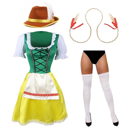 Bayerisches Damenkleid Set Grün Gelb Groß Kleid mit gelbem Rock, Grünem Oberteil, Weiß Strümpfe, Stirnband mit Blond Zöpfen und braunem Hut - Perfekt für Oktoberfest & Deutsche Faschingspartys Bayerisches Damenkleid Set Grün Gelb Groß Kleid mit gelbem Rock, Grünem Oberteil, Weiß Strümpfe, Stirnband mit Blond Zöpfen und braunem Hut - Perfekt für Oktoberfest & Deutsche Faschingspartys von I LOVE FANCY DRESS