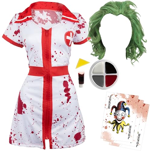 Blutiges Joker Krankenschwester Kostüm Set - Spritziges Kleid, grüne Perücke, Gesichtsfarbe, Kunstblut & Joker Karten - Bösewicht Verkleidung für Erwachsene Blutiges Joker Krankenschwester Kostüm Set - Spritziges Kleid, grüne Perücke, Gesichtsfarbe, Kunstblut & Joker Karten - Bösewicht Verkleidung für Erwachsene von I LOVE FANCY DRESS