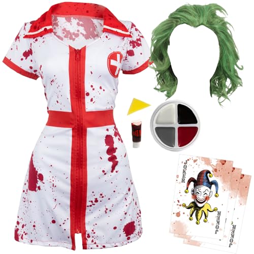 Blutiges Joker Krankenschwester Kostüm Set - Spritziges Kleid, grüne Perücke, Gesichtsfarbe, Kunstblut & Joker Karten - Bösewicht Verkleidung für Erwachsene Blutiges Joker Krankenschwester Kostüm Set - Spritziges Kleid, grüne Perücke, Gesichtsfarbe, Kunstblut & Joker Karten - Bösewicht Verkleidung für Erwachsene von I LOVE FANCY DRESS