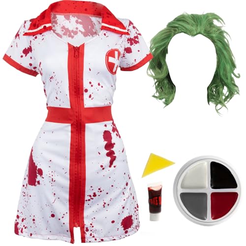 Blutiges Krankenschwesterkleid für Herren, scherzhaft, Größe L, Weiß und Rot, blutiges Krankenschwesterkleid, Stillmütze, grüne Perücke, Gesichtsfarbe und Kunstblut, Erwachsenenkostüm für TV-Filme Blutiges Krankenschwesterkleid für Herren, scherzhaft, Größe L, Weiß und Rot, blutiges Krankenschwesterkleid, Stillmütze, grüne Perücke, Gesichtsfarbe und Kunstblut, Erwachsenenkostüm für TV-Filme von I LOVE FANCY DRESS