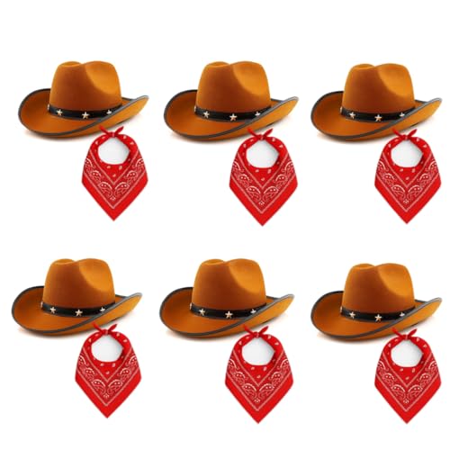 Brauner Cowboyhut mit rotem Paisley-Bandana, Western-Kostüm-Set für Erwachsene und Kinder, Wilder Westen, 6 Stück Brauner Cowboyhut mit rotem Paisley-Bandana, Western-Kostüm-Set für Erwachsene und Kinder, Wilder Westen, 6 Stück von I LOVE FANCY DRESS