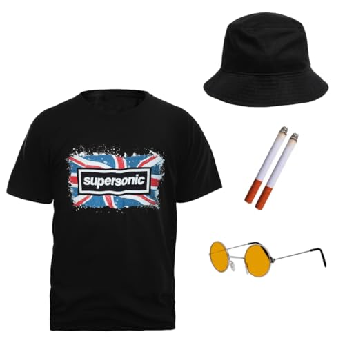 British Pop 1990s Set - Enthält schwarzen Eimerhut, Supersonic Style T-Shirt, Retro Orange Runde Brille und 2 gefälschte Zigaretten für Kostümpartys British Pop 1990s Set - Enthält schwarzen Eimerhut, Supersonic Style T-Shirt, Retro Orange Runde Brille und 2 gefälschte Zigaretten für Kostümpartys von I LOVE FANCY DRESS