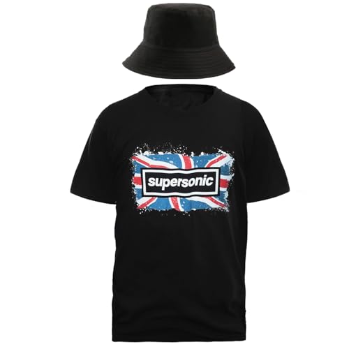 Britpop-Kostüm für Erwachsene, Größe M, schwarzes T-Shirt mit Überschall-Aufdruck und schwarzem Fischerhut, für Herren und Damen, Rockband, Musik-Symbole, Festivals, Verkleidung Britpop-Kostüm für Erwachsene, Größe M, schwarzes T-Shirt mit Überschall-Aufdruck und schwarzem Fischerhut, für Herren und Damen, Rockband, Musik-Symbole, Festivals, Verkleidung von I LOVE FANCY DRESS
